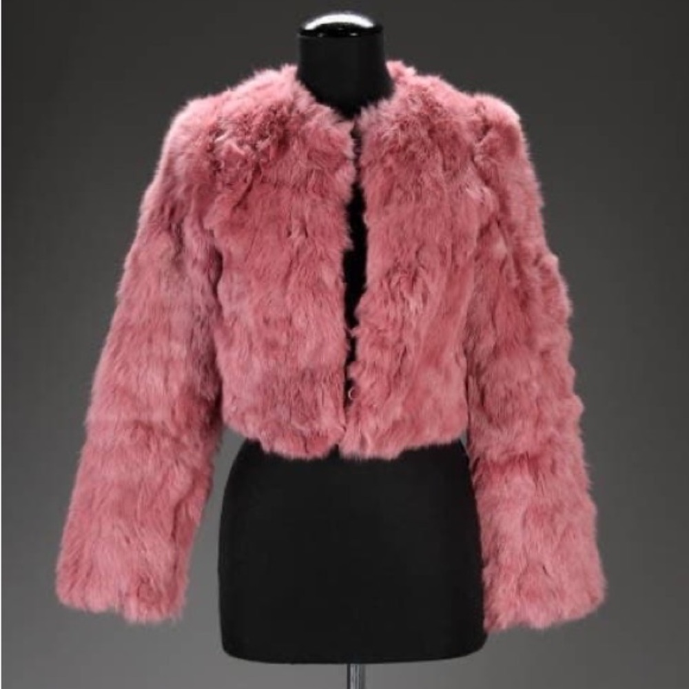 Y2K vintage pink Bebe rabbit fur crop jacket style worn by Britney Spears